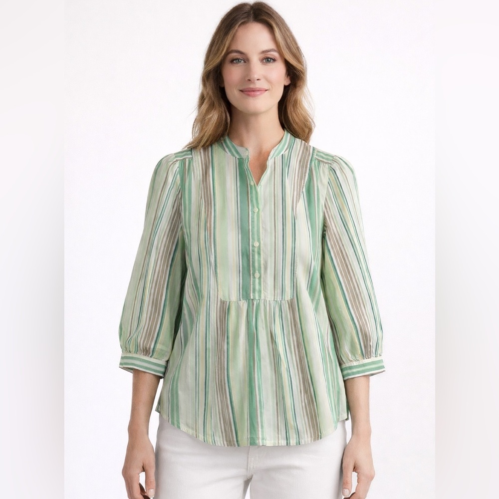 LOFT Striped Bib Front Blouse 4 Green White Mandarin Collar 3/4 Sleeve Peasant